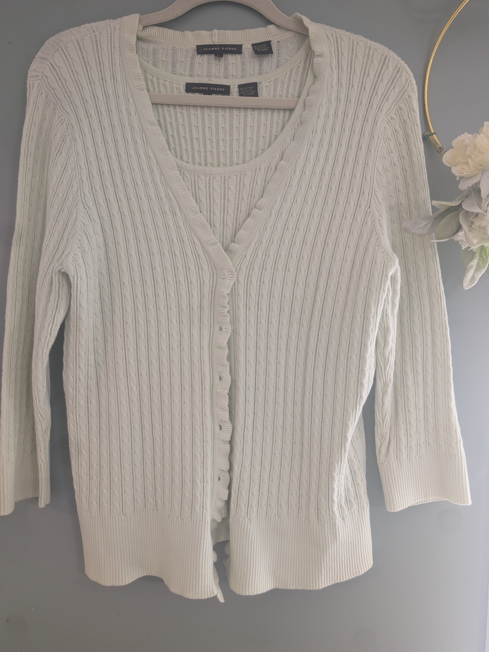 JEANNE PIERRE Soft Mint Cable-Knit Cardigan with Matching Shell